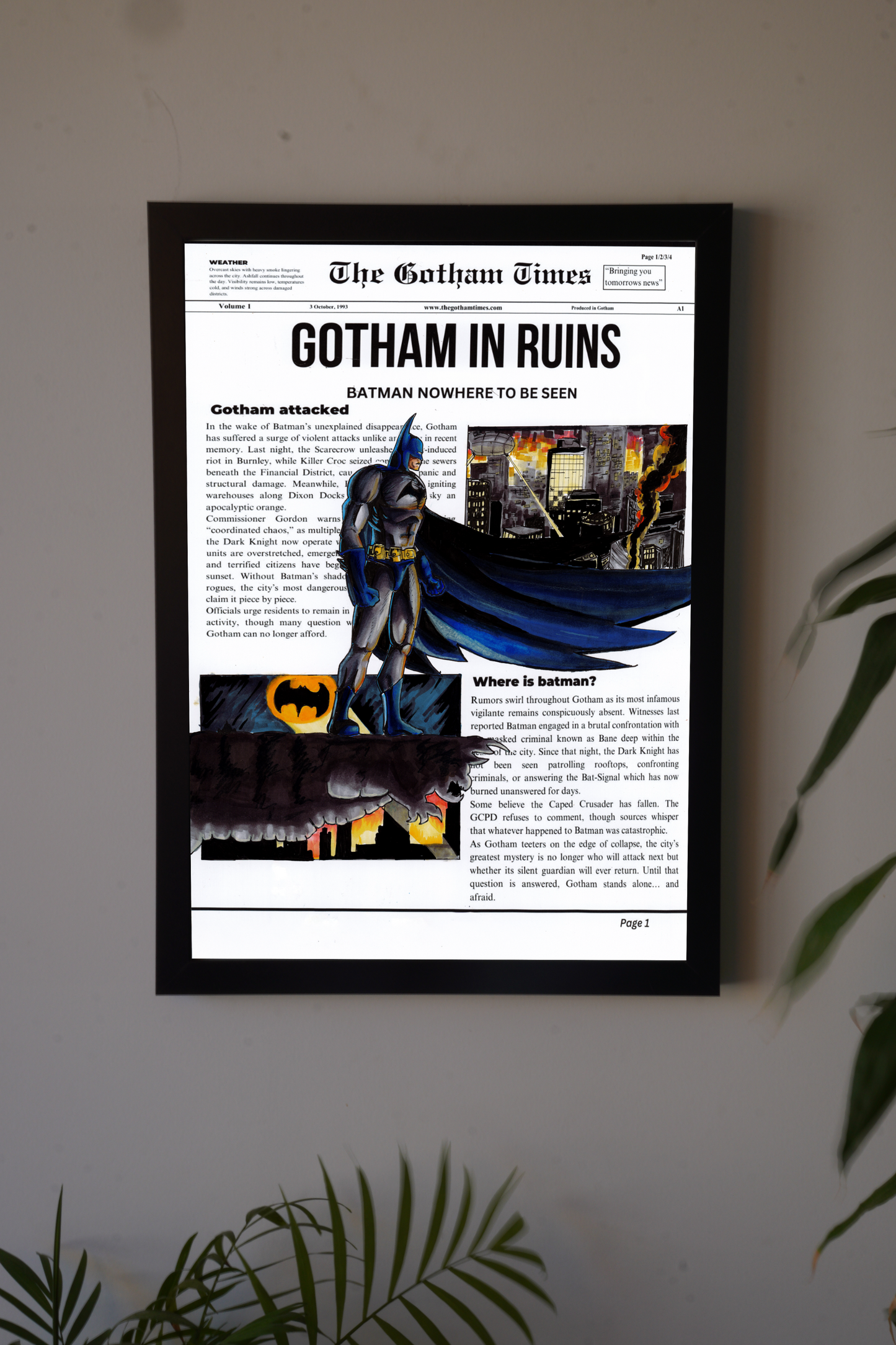 "Gotham In Ruins" Batman newspaper-Deco Arte Drawing