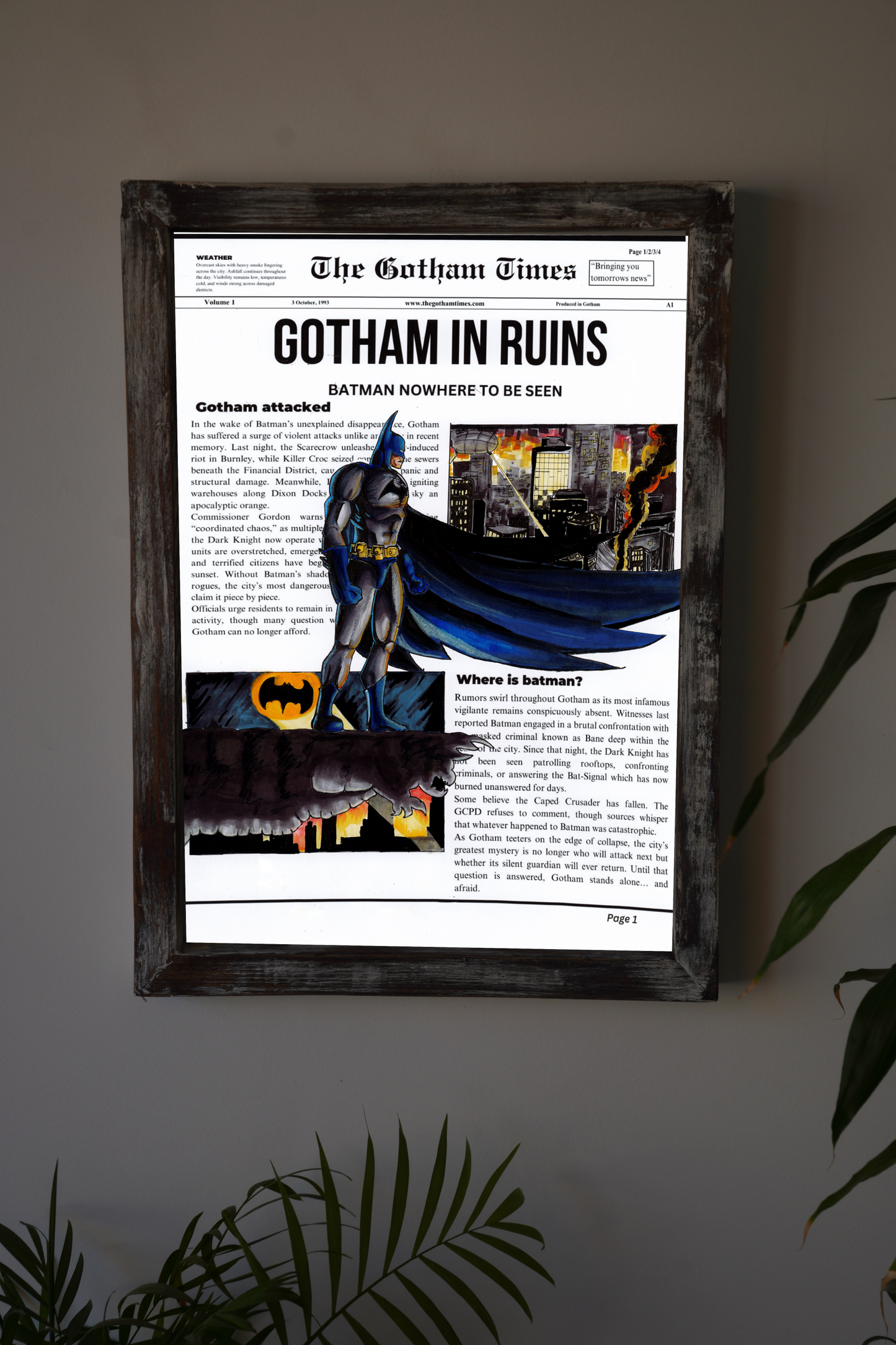 "Gotham In Ruins" Batman newspaper-Deco Arte Drawing